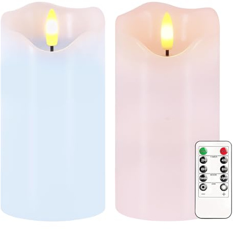 Echtwachs LED Kerzen mit Fernbedienung und Timer, 2er Set Batteriebetriebene Flackernde Flammenlose Fake Kerze, Dimmbare Weiß Stumpenkerzen für Zuhause, Hochzeit, Weihnachts Dekoration (Blau-Rosa)
