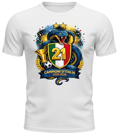 Generico Maglietta Celebrativa Campioni d’Italia 2025-2026 – Scudetto 21 – T-Shirt da Bambino Calcio con Stemma Tricolore, Trofeo e Serpente – Idea Regalo Tifosi