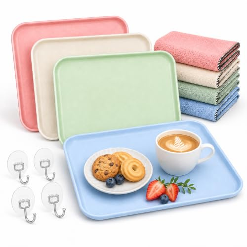 12 Pcs Rectangular Serving Trays Sets,Food Trays Set,Kitchen Tray | Lightweight Plastic Trays with Microfibre Cloths and Acrylic Hooks for Snack, Coffee, Fast Food and Kitchen