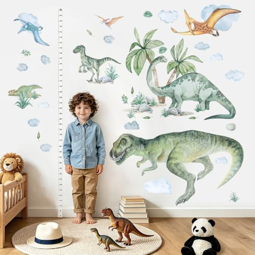 Wandtattoo Dinosaurier XXL, Groß Wandaufkleber Kinderzimmer mit Messlatte, Dschungel Wandsticker Kinderzimmer Jungen, Dino Wandtattoo Kinderzimmer für Jungen, Babyzimmer, Spielzimmer