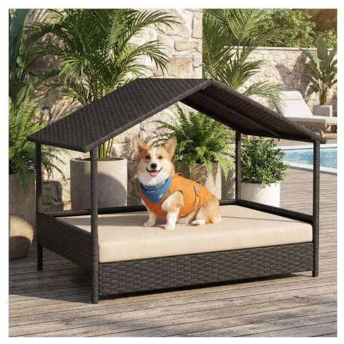 DREAMADE Hundeliege Outdoor, Erhöhtes Hundebett aus Rattan, Hunde Bett mit Dach, Abnehmbares Kissen & Metallrahmen, Hundehütte Hundezelt für Kleine und Mittelgroße Hunde, 98x69 x74cm (Beige)