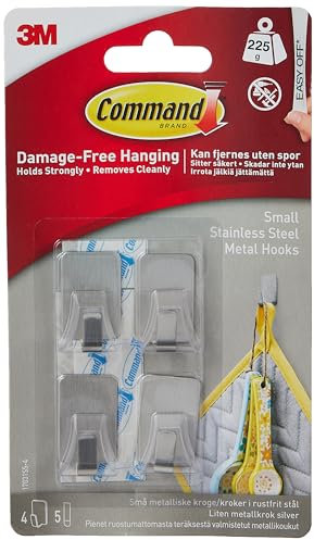 Command Small Stainless Steel Metal Hooks - 4 Hooks, 5 Adhesive Strips - Damage Free Hanging for Wall and Door