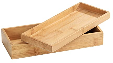 WENKO Bambus Box Terra mit Deckel, schmale Aufbewahrungsbox für Bürobedarf, Pinsel und Küchenzubehör aus Bambus mit 2 separierbaren Ablagemöglichkeiten für Bad & Haushalt, 24 x 6,8 x 10 cm, Natur
