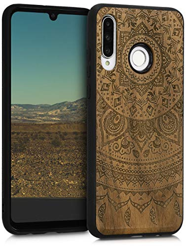 kwmobile Hülle kompatibel mit Huawei P30 Lite Hülle - Holz Case - Handy Cover - TPU Handyhülle in Dunkelbraun Indische Sonne