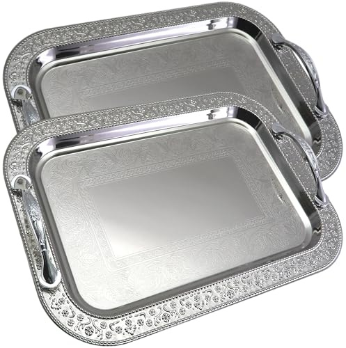 Maro Megastore (Pack of 2) 13.5 inch x 9.5 inch Oblong Chrome Plated Mirror Silver Serving Tray with Handles Stylish Design Floral Engraved Edge Decorative Party Birthday Wine Platter Plate CC-1372