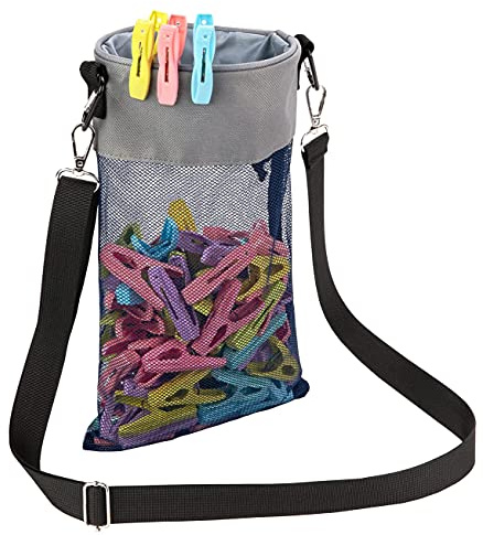 AFUOWER Mesh Clothespin Bag with Hooks Hanging Clothes Pin Bag with Drawstring Closure Clothespin Holder, Ventilation and Moisture Resistance, Storage Organizer, Machine Washable （Gray）