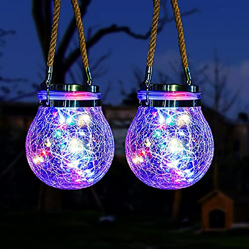 Solar Lantern Lights, ZVO 2Pack 30 LED Outdoor Solar Hanging Mason Jar Lid Lights, IP65 Waterproof Garden Glass Fairy Decorative Atmosphere Lamp for Balcony Tree Fence Decking Decor (Multicolor)