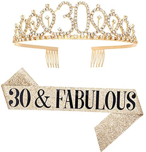 NC Leixi 30 and Fabulous Sash & Rhinestone Tiara Set - 30th Birthday Gifts Birthday Sash for Women Birthday Party Supplies, Gold, X-Large
