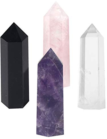 Luckeeper 3 Crystal Wands,6 Faceted Reiki Amethyst Crystal, Rose Quartz,Clear Quartz and Black Obsidian Crystal Quarz Points for Meditation Therapy