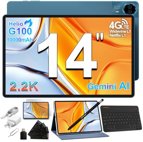 TECLAST T70 Tablet 14 Pollici 2.2K Tablets Gaming, Helio G100 2.2GHz Octa-Core, 10000mAh/18W, Dual SIM 4G LTE, 20GB RAM+128GB(TF 8TB), Widevine L1/GPS/13MP/Gemini AI Tablet con Tastiera+Custodia+Penna | Dual SIM, 8 Accessori, 20GB+128GB+8TB, Widevine L1/GPS/13MP, Gemini AI Gaming Tablet con Tastiera + Pennino +