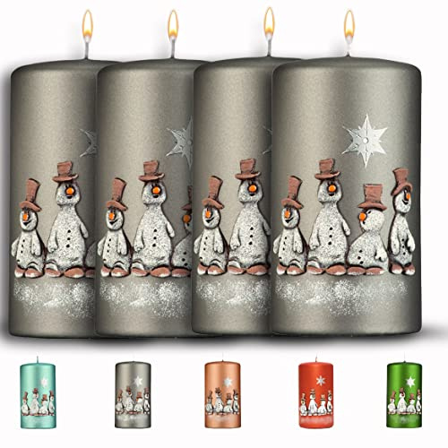 WIKAKERZEN Weihnachtskerze für Adventskranz – 4 Set 13x7cm - Schneemänner - Stumpenkerze aus hochwertigem Paraffinwachs mit Baumwolldocht - Adventskerze RAL zertifiziert (Grau)