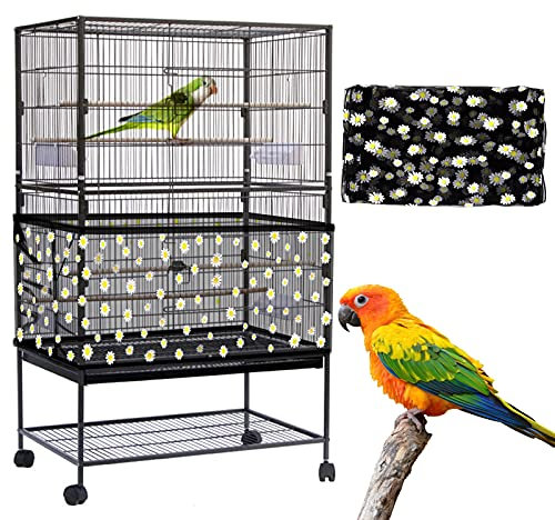 Yepper Large Bird Cage Cover, Bird Cage Seed Catcher, Adjustable Soft Nylon Mesh Net with Daisy Pattern, Birdcage Cover Skirt Seed Guard for Parrot Parakeet Macaw Round Square Cages (Black)
