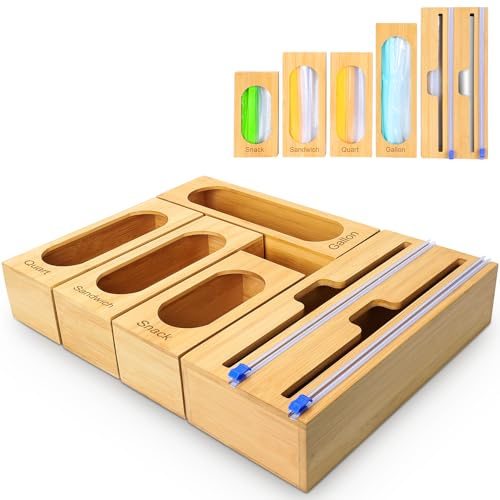 Gamtik Individual Storage Bag Organizer for Kitchen Drawer, Bamboo with Foil and Plastic Wrap Organizer for Kitchen Organizers and Storage, for Gallon, Quart, Sandwich, Snack