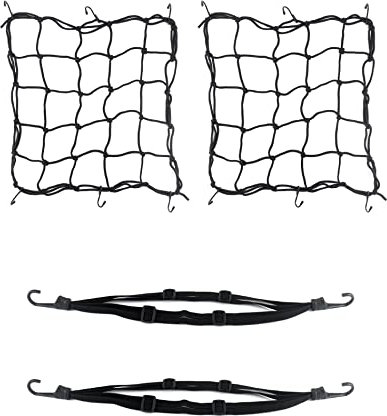QWORK® 2X Motorcycle Cargo Net and 2X Elastic Rope with Hook, 40 x 40 cm Bungee Net and 60cm Stretchable Luggage Strap for Motorcycle Bike Load Helmet