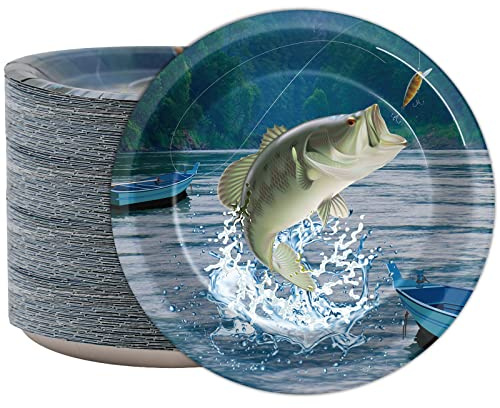 ZOIIWA 48 Pcs Fishing Party Tableware Supplies Summer Gone Fishing Birthday 7Inch Plates Fishes Themed Paper Plates Fish Disposable Dessert Plate for Catch Fishes Tournament Birthday Decorations Favor