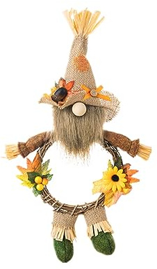 Super Idee Herbstkranz Türkranz Süßer Wichtel Figuren mit Hut aus Jute Nase Bart Künstliche Ahornblätter Eicheln und Blumen Aufhängen für Haustür, Kamin und Wanddekoration Türschild zum Aufhängen