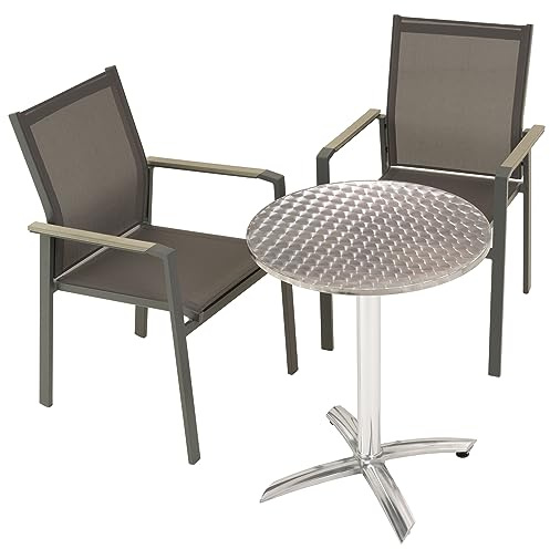 Nexos Trading 3er Set Bistro-Tisch rund klappbar 60cm Silber mit 2 Stapelstühlen Garten-Garnitur 2 Stapelstühle 1 Gartentisch Terrassen-Garnitur