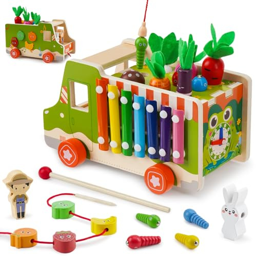 Goffii Montessori Spielzeug ab 1 2 3 4 Jahre, 10 in 1 Kinderspielzeug, Truck Holzspielzeug, Motorikspielzeug Geschenk für Mädchen Jungen Kinder Baby