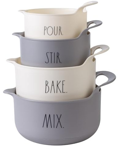 Rae Dunn Non-Slip Mixing Bowls - 4 Piece Nesting Plastic Mixing Bowl Set with Pour Spouts and Handles-Measurement Markings (Grey)