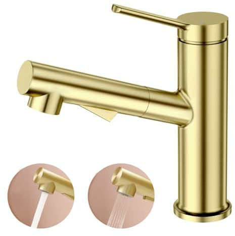 Faustina Waschtischarmatur Bad für Waschbecken ausziehbar, Einhebelmischer Waschtisch Armatur Wasserhahn Bad Waschbeckenarmatur Badarmatur, Edstahl Gold gebürstet matt