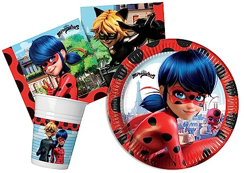 Partygeschirr Party-Set Miraculous Ladybug für 8 Personen (36 pcs: 8 Pappteller Ø23cm, 8 Becher 200ml, 20 Servietten 33x33cm)