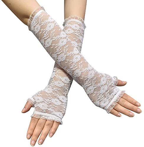 Hrlace Fingerlose Spitzenhandschuhe für Damen Lang Spitze Handschuhen Sonnenschutz Fahrhandschuhe UV-Schutz Elastisch Handstulpen Blumenmuster Armstulpen Mesh Spitze für Hochzeit Braut Weiß