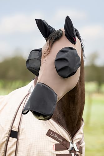 LeMieux Bug Relief Full Fly Mask - Pull On Design - Four Way Stretch Fabric - Bug-Eye Eye Darts - Mesh Ears - Walnut - Medium