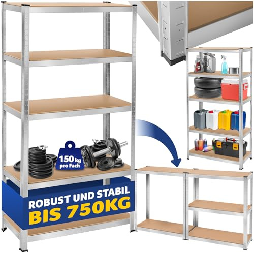 tectake® Schwerlastregal 180 x 90 x 40 cm, Werkstattregal, 150 kg pro Boden, Tragkraft 750 kg, 5 verstellbare Böden, Regal mit Werkbank-Option, Lagerregal für Werkstatt, Garage, Keller - 750 kg