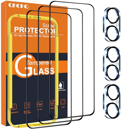 QHOHQ for iPhone 16 Screen Protector with Camera Lens Protector, [Military Grade Shatterproof], Top 9H+ Tempered Glass, Full Edge Coverage, Ultra Durable, with Easy Installation Tool [3+3 Pack]