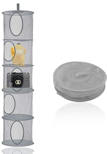 QYRDBGY Hängeaufbewahrung, 5 Stufen Hängende Netz Aufbewahrungstasche Faltbare Hängeorganizer Mesh Hängender Speicherkorb Kuscheltiere Hängeregal Netz für Spielzeug (Grau)