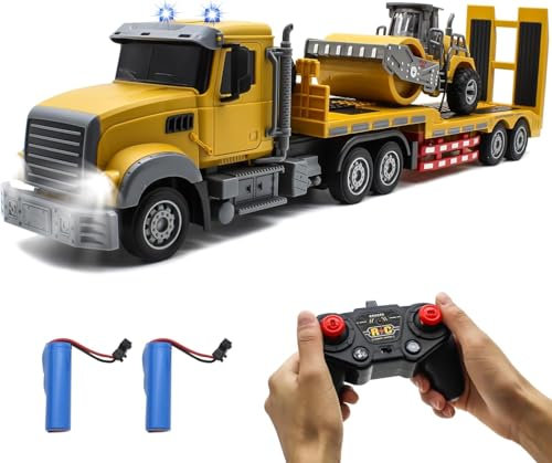 fisca RC Semi Truck mit Anhänger, 1:24 RC Sattelauflieger Engineering Traktor mit Sound und Lichtern, 2.4Ghz Ferngesteuerter Pritschenwagen mit Straßenwalze Baufahrzeugspielzeug für Jungen und Mädchen