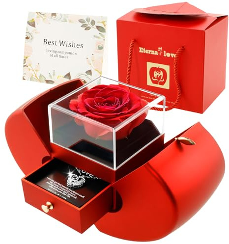 KTCINA Evig roslåda med halsband Jag älskar dig på 100 språk ultra utsökt romantik infinity rosor med kedja damer gratulationskort röd evig ros med hjärta födelsedagspresent för kvinnor