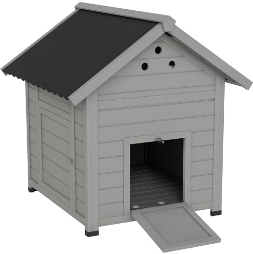 PawHut Duck Coop, Wooden Duck House, Outdoor Small Animal House with Openable Roof, Double Doors, Removable Base for 1-3 Ducks, Chickens, Rabbits, Cats, Light Gray