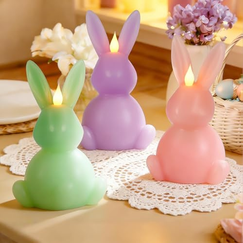 Leorate 3PCS Easter Bunny Flameless Candles – 7.5 Battery Operated LED Rabbit Candles with Flickering Flame, Green Purple Pink Real Wax Finish for Easter Decor, Table Centerpiece & Spring Home