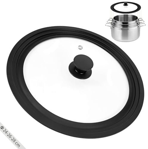 Zocipro Tapa Sarten Universal, Tapas de Cristal con Borde de Silicona Escalonado y Salida de Vapor, Tapadera Universal para Ollas y Sartenes di Diametro 24/26/28cm (Negra)