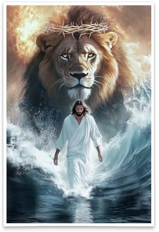ZXHYWYM Bilder von Jesus Christus Gott Wanddekoration Löwe von Juda Poster König der Löwen der auf dem Wasser geht Drucke christliches spirituelles Gemälde ungerahmt ((70L x 105B cm))
