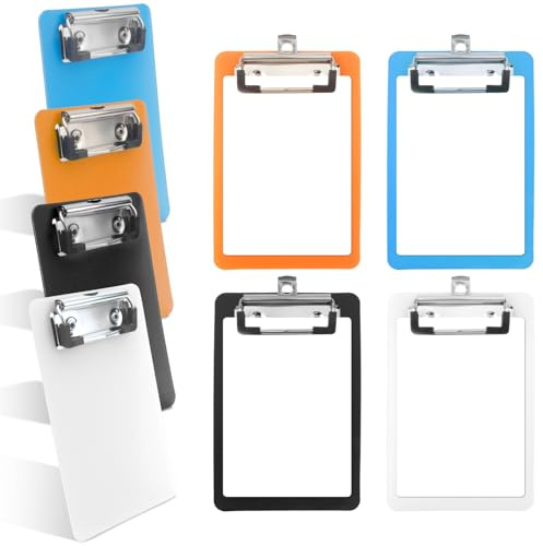 4 Stück Klemmbrett,10 x 15 cm/4 x 6 Zoll,Kunststoff,bunt,kleines Klemmbrett mit Metallclip,Mini-Klemmbretter für Büropersonal,Studenten,Notizblock,Lehrer-Klemmbrett (Schwarz,Orange,Blau,Weiß)