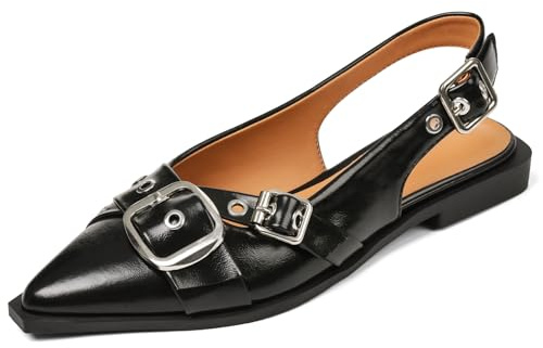Kalstage Women's Slingback Flats Closed Pointed Toe Low Heel Dress Flat Shoes Buckle Patent Leather Ballet Flats for Women Comfortable Work