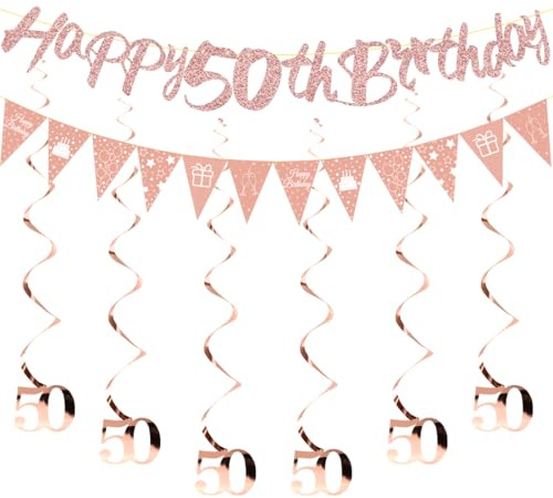 HUKUMA 50. Födelsedagsfestdekorationsset, födelsedagsdekoration 50 år, söt 50 dekoration serpentiner roséguld, kvinna girlang spiraler, Happy Birthday-banner, dekoration för 50-årsdagen kvinnor