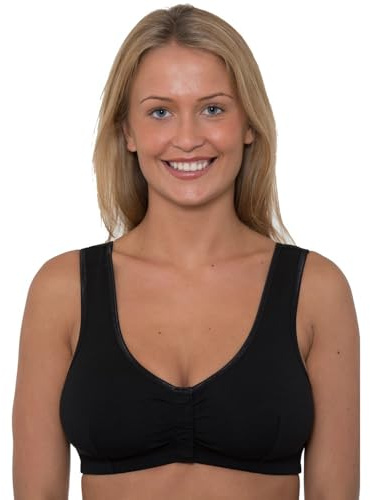 Liv Lingerie GEMM Front Fastening Cotton Rich Mastectomy Bra with Pockets for Ladies Women Non Wired Post Surgery Soft Stretch Regular to Plus Sizes Easy Open Comfort Wirefree (48, Black)