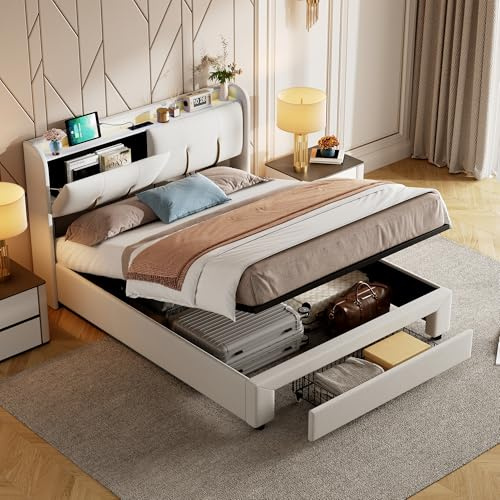 FEEOHOME Doppelbett, gepolstert, 140 x 200 cm, Bett mit Stauraum, Schubladenbett mit LED und USB, Bettgestell mit Lattenrost und Kopfteil für Erwachsene, Jugendliche, Samt, Beige (140 x 200 cm)