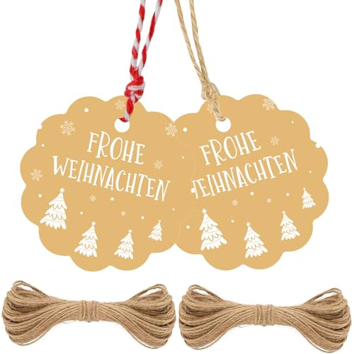 G2PLUS 6CM FROHE WEIHNACHTEN Anhänger, 100 Stück Geschenkanhänger mit Frohe Weihnachten, Papier Weihnachtsanhänger mit Schnur, Weihnachten Etiketten Anhänger für Geschenk, Weihnachten Deko