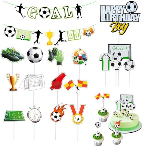 Tortendeko Fussball Set für Kindergeburtstag – 19 Stück Deko Fußballparty Zubehör mit GOAL Wimpelkette, Hängespiralen, Kuchen Topper, Tischdeko, Fußballfigur – Fußball Geburtstagsdeko für Ju