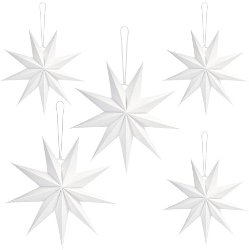 pangutheos 5 Pezzi Stelle di Carta da Appendere, Bianco Stella di Carta Natalizia, 5d 9 Punte Stelle di Natale da Appendere per Natale, Festa, Compleanno, Matrimonio