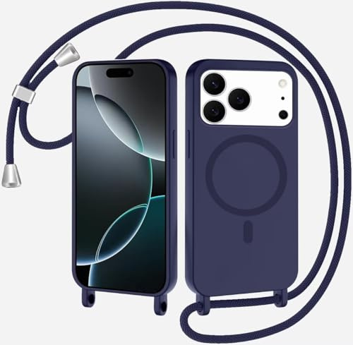 SLWYF Magnetische Handykette für iPhone 17 Pro Hülle mit Band, Handyhülle Kompatibel mit MagSafe, Silikon Seil Necklace Handyhülle PU Stoßfest mit Abnehmbar Kordel zum Umhängen Case - Dunkelblau