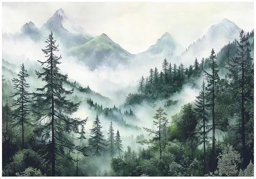 WallArena – fleece fototapet berg berg 300 x 210 cm – fototapeter – tapeter – för vardagsrum sovrum – fibertapet tapet 3D-effekt – inklusive lim – landskap natur dimma skog