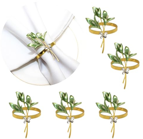 Fictory Juego de 6 servilleteros de flor de lirio, verde y dorado con diamantes de imitación, elegantes servilleteros para bodas, fiestas y decoración formal de mesa de comedor