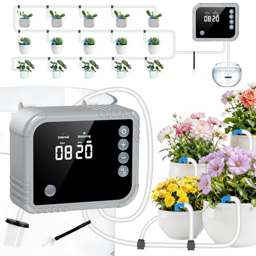 Vordyn Bewässerungssystem Automatische bewässerung für Indoor, mit LCD-Display für bis zu 15 Topfpflanzen,Tropfbewässerungsset mit 350 Modi and Type-C aufladbar,Anti-Siphon Tropfbewässerung für Urlau