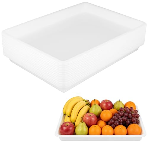 JIEHIN 15 Stück Kunststoff Tablett Rechteckig Weiß, 39,4x28,5x4cm Groß Plastik Tablett, Frühstückstablett Plastik Serviertablett für Partys, Buffets, Feiern, Desserts