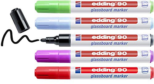 Edding 90 Glassboard Marker Set - Multi-Coloured (Dark) - 5 Glass Pens - Round Nib 2-3 Mm - Washable Window Marker Pens - For Writing And Marking On Glass Surfaces -Windows, Glassboards - Dry-Wipeable